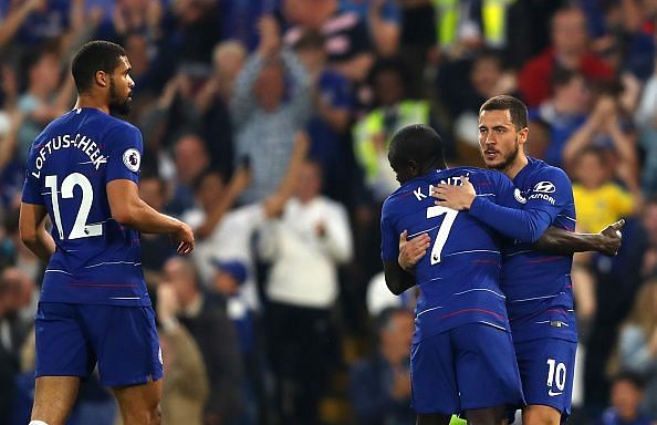 N'Golo Kante, Eden Hazard, and Ruben Loftus-Cheek celebrate Chelsea's equalizer against Burnley FC